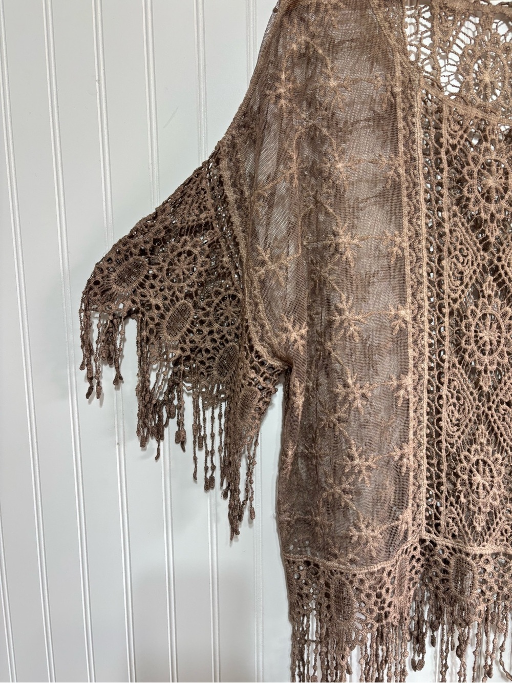 Boho Brown Crochet Lace Fringe Pullover Top Linen Blend Sheer Blouse Approx L/XL - Picture 4 of 13